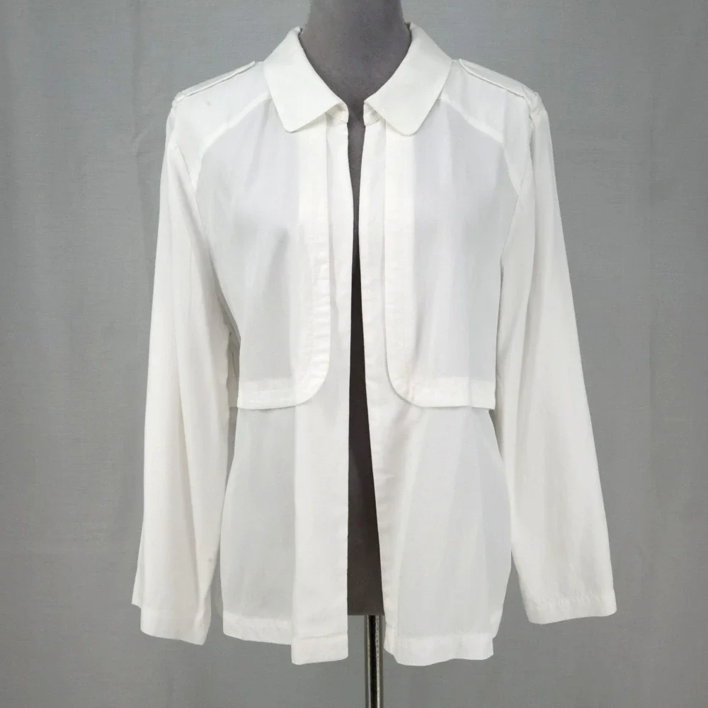Chicos Jacket 3 Womens XL 16 White Chambray Lightweight Open Roll Tab Sleeves